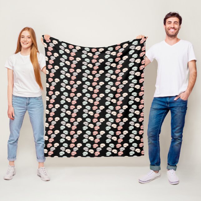 colourful skulls on black fleece blanket (In Situ)