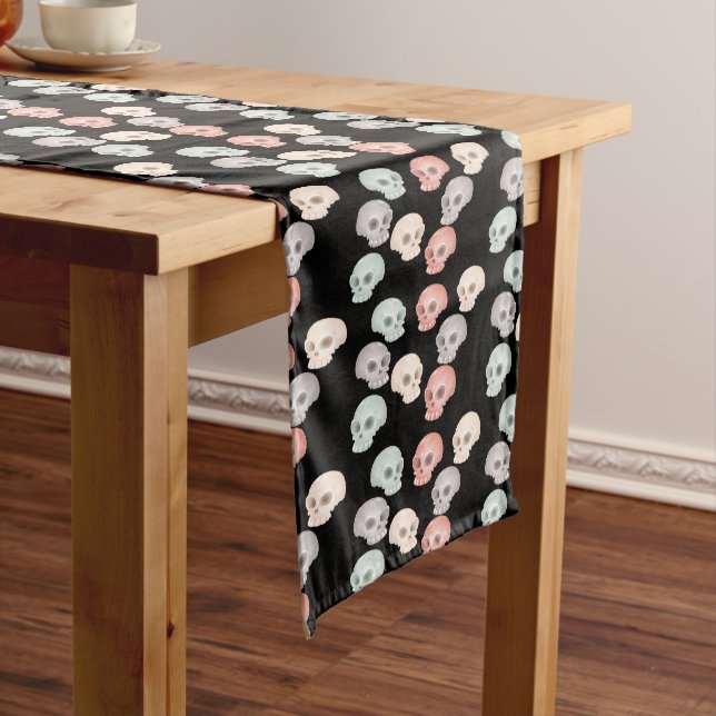 colourful skulls on black short table runner (In Situ)