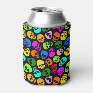 Colourful Skulls pattern in black Can Cooler