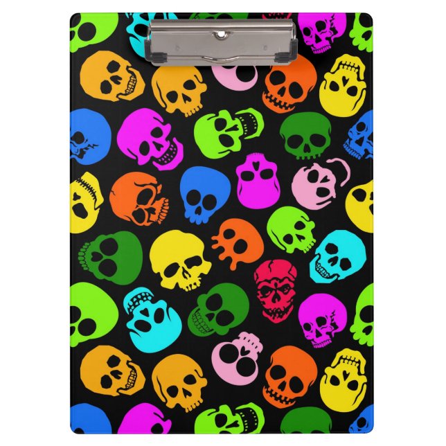 Colourful Skulls pattern in black Clipboard (Front)