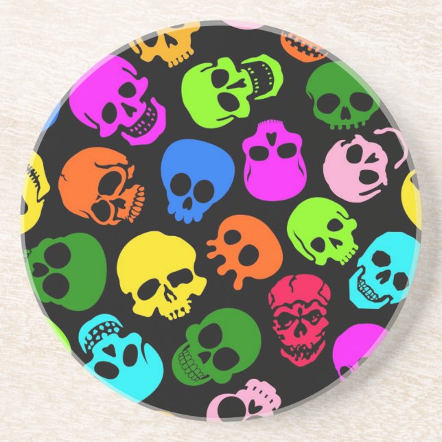 Colourful Skulls pattern in black Coaster (Front)