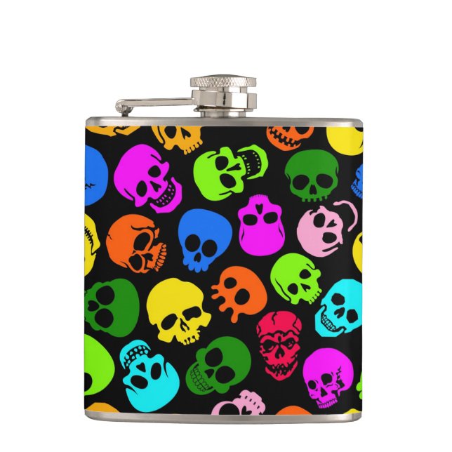 Colourful Skulls pattern in black Hip Flask (Front)
