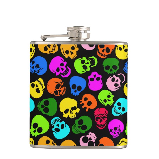Colourful Skulls pattern in black Hip Flask (Front)