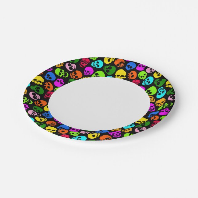 Colourful Skulls pattern in black Paper Plate (Angled)