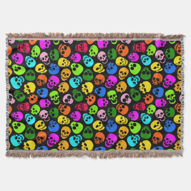 Colourful Skulls pattern in black Throw Blanket (Front)