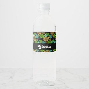 Colourful skulls pattern on black water bottle label