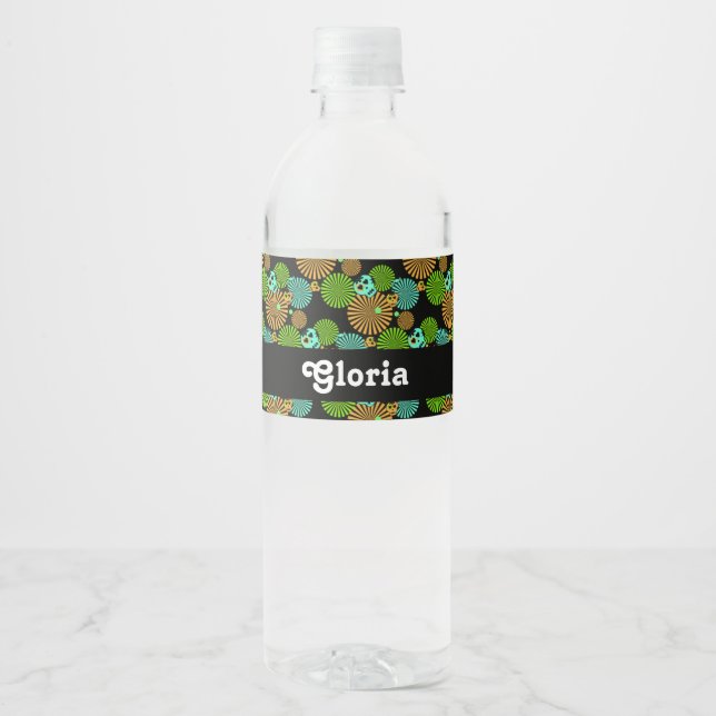 Colourful skulls pattern on black water bottle label (Front)