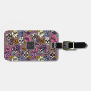 Colourful Skulls Trendy Monogram Mauve Luggage Tag