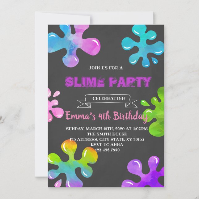 Colourful slime party invitation (Front)