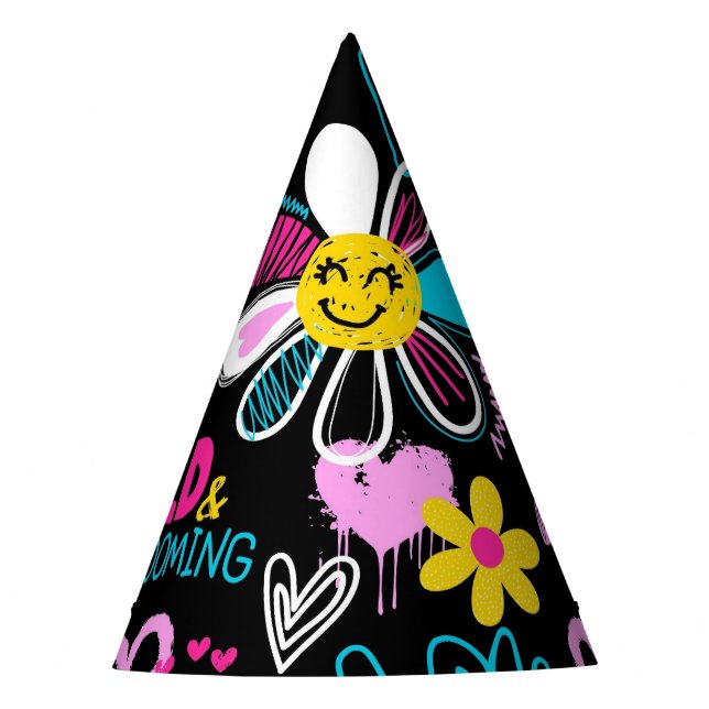 Colourful Smiley Flower Graffiti Pattern Baby Bib Party Hat (Front)