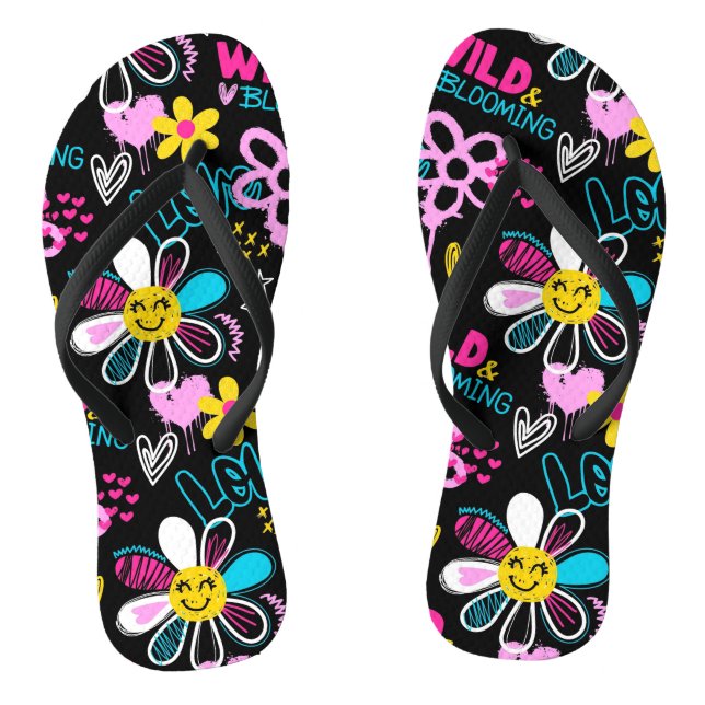 Colourful Smiley Flower Graffiti Pattern Jandals (Footbed)
