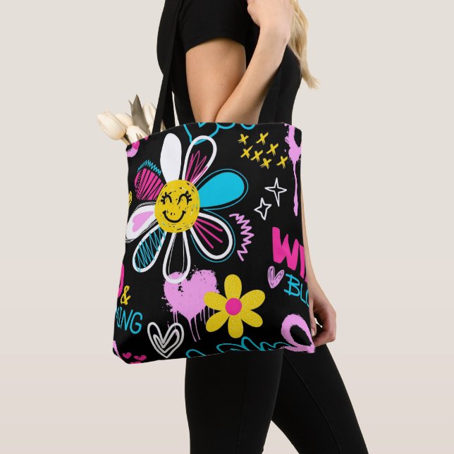 Colourful Smiley Flower Graffiti Pattern  Tote Bag (Close Up)