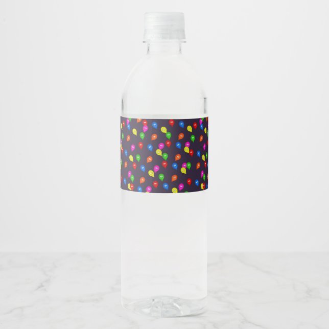 Colourful Smiling Balloons Black Water Bottle Label (Front)