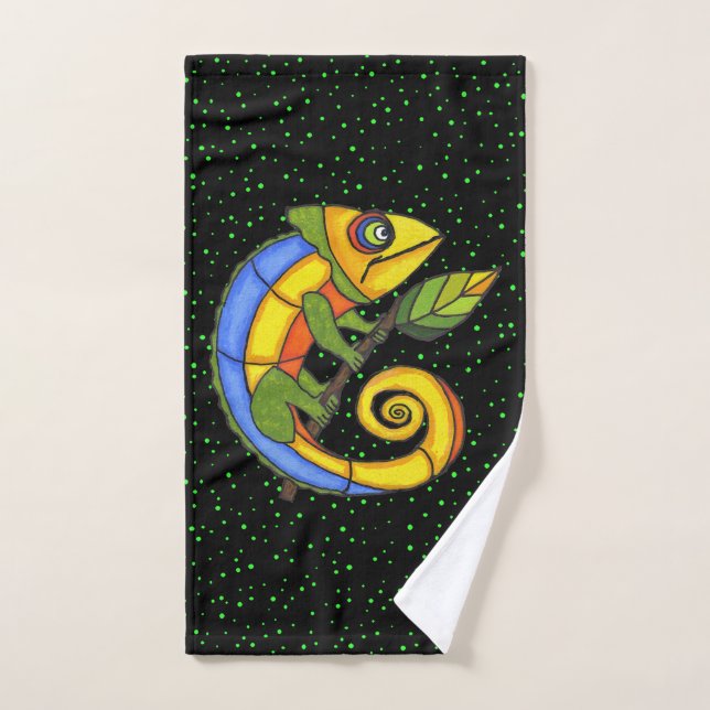 Colourful Smiling Fantasy Lizard holding Leaf Dots Hand Towel (Hand Towel)