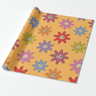 Colourful Smiling Flowers Pattern on Orange  Wrapping Paper