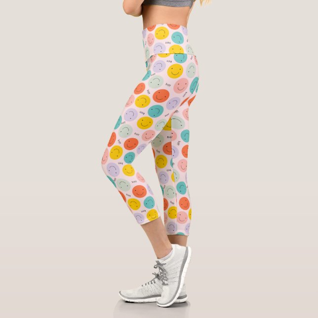 Colourful Smiling Happy Face Pattern Capri Leggings (Left)