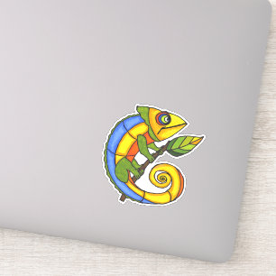 Colourful Smiling Lizard on Green Leaf With Twig