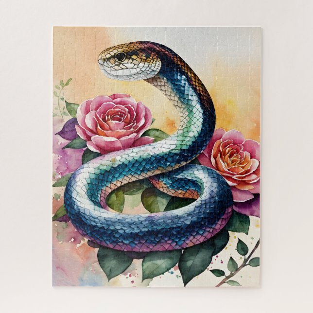 Colourful Snake Floral Watercolor Art Jigsaw Puzzle (Vertical)
