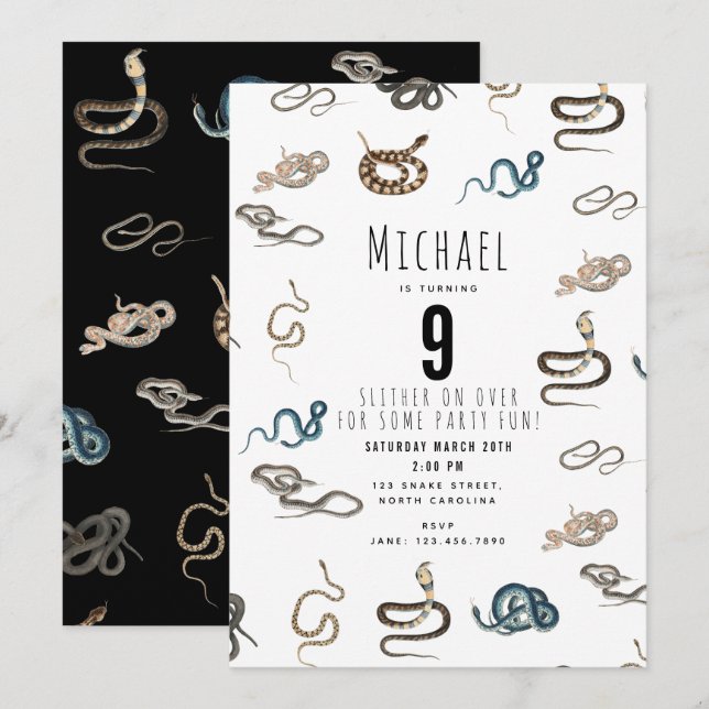 Colourful Snakes Reptile Animal Birthday Party Inv Invitation (Front/Back)