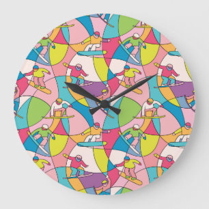 Colourful snowboarders: vintage seamless pattern. large clock