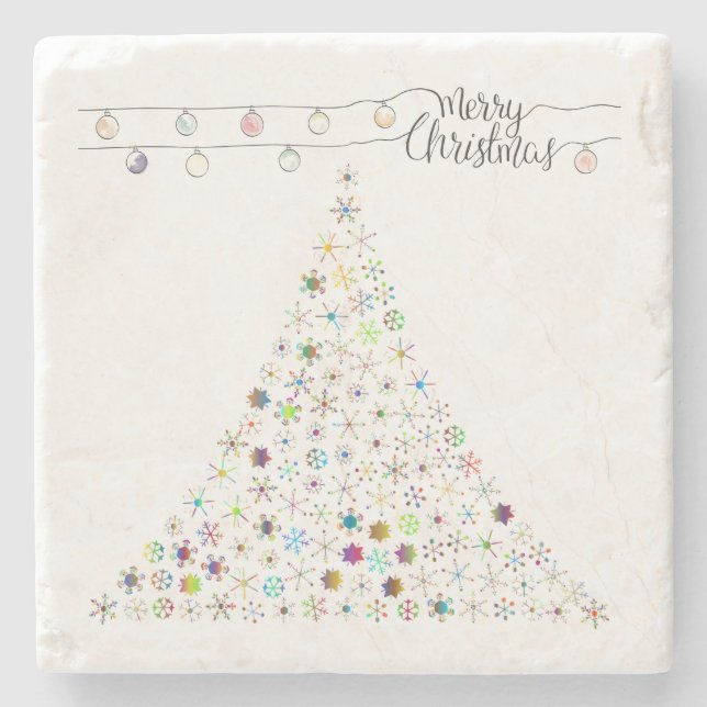 Colourful Snowflake Merry Christmas Tree Party Stone Coaster (Front)