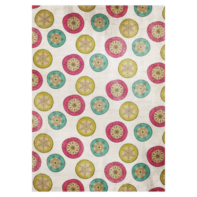 Colourful Snowflake Orbs on White Tablecloth (Front)