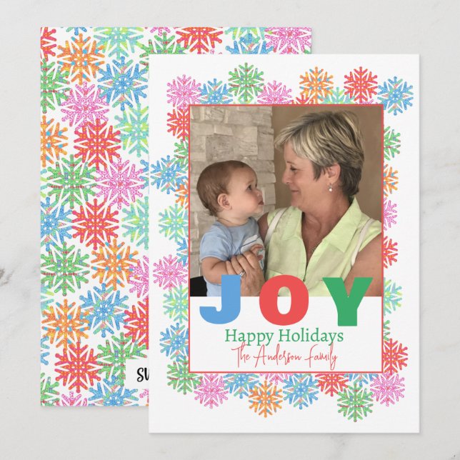Colourful Snowflake Photo Holiday Card (Front/Back)