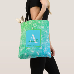 Colourful Snowflake Pink Green Blue Monogram Name Tote Bag