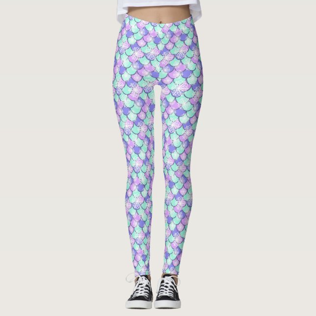 Colourful snowflake with fish scales pattern leggings (Front)