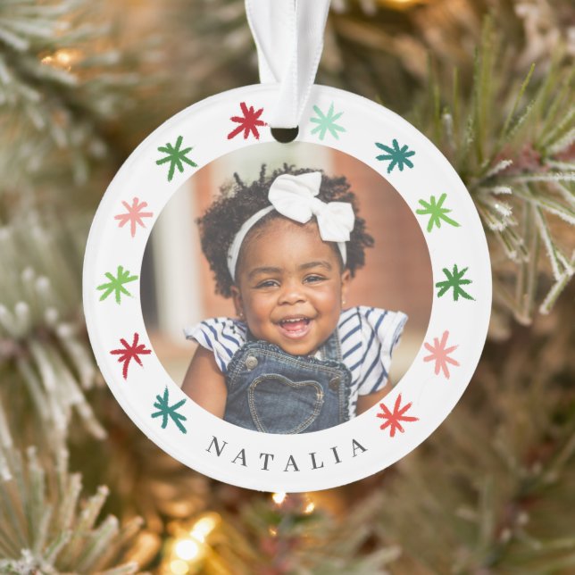 Colourful Snowflakes Kids 2 Photo Name Christmas Ornament (Tree)
