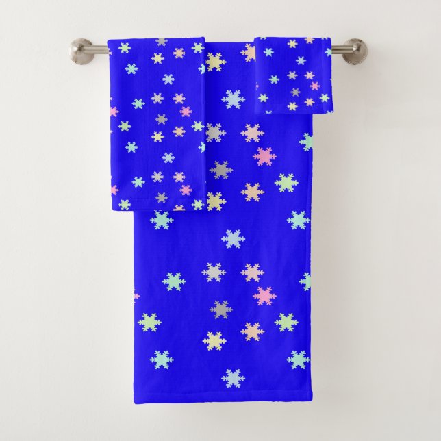 Colourful Snowflakes on Blue Bat Towel Set (Insitu)