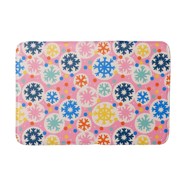Colourful Snowflakes on Pink Holiday Pattern Bath Mat (Front)