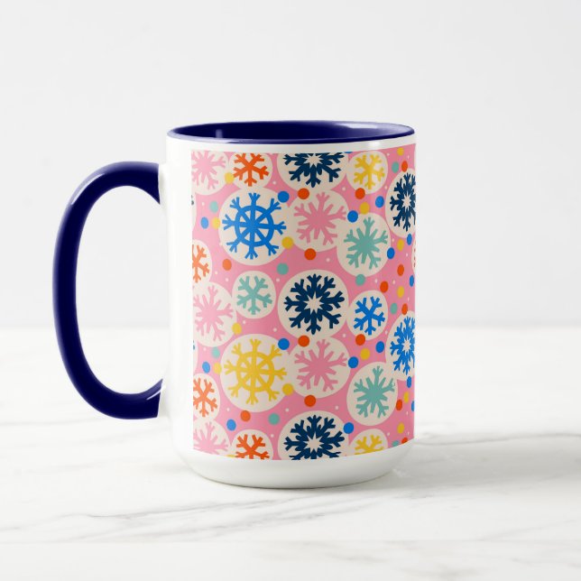 Colourful Snowflakes on Pink Holiday Pattern Mug (Left)