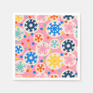 Colourful Snowflakes on Pink Holiday Pattern Napkin