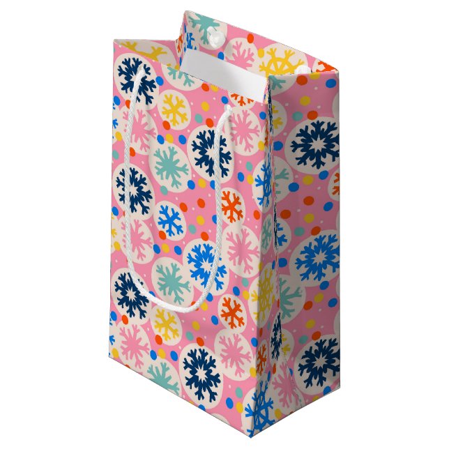 Colourful Snowflakes on Pink Holiday Pattern Small Gift Bag (Front Angled)