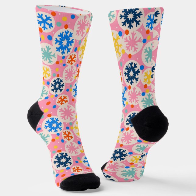 Colourful Snowflakes on Pink Holiday Pattern Socks (Angled)