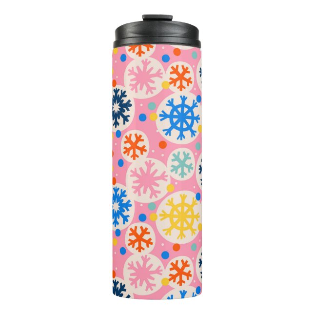 Colourful Snowflakes on Pink Holiday Pattern Thermal Tumbler (Front)