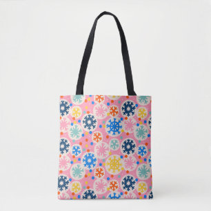 Colourful Snowflakes on Pink Holiday Pattern Tote Bag