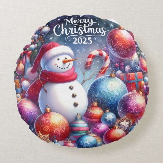 Colourful Snowman & Ornaments Christmas Pillow (Front)