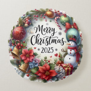 Colourful Snowman & Ornaments Christmas Pillow