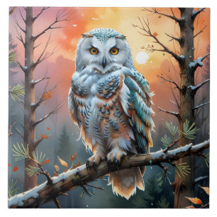 Colourful Snowy owl in Autumnal Forest Tile