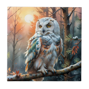 Colourful Snowy owl in Autumnal Forest Tile