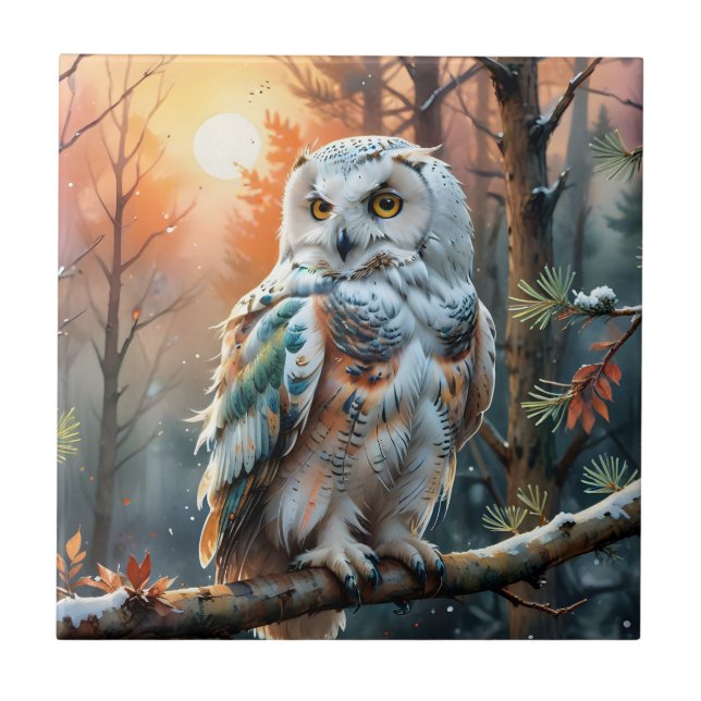 Colourful Snowy owl in Autumnal Forest Tile (Front)
