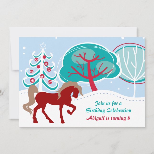 Colourful Snowy Winter Holiday Horse Birthday Invitation (Front)
