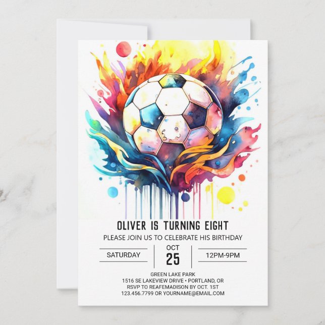 Colourful Soccer Kids Watercolor Birthday Invitation (Front)