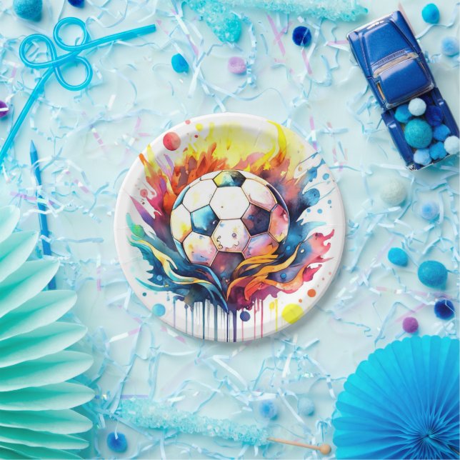 Colourful Soccer Kids Watercolor Birthday Paper Plate (Party)