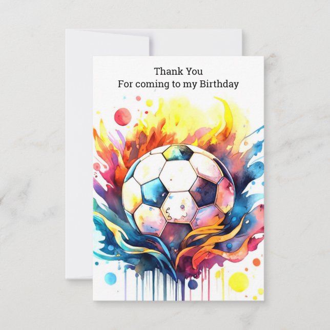 Colourful Soccer Kids Watercolor Birthday Thank You Card (Front)