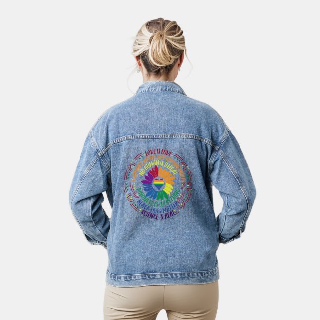 Colourful Social Justice Flower Word Art   Denim Jacket (Model)