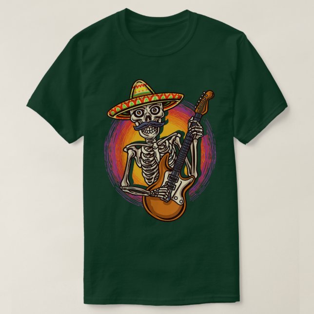 Colourful Sombrero Skeleton Guitar Player Rockstar T-Shirt (Design Front)