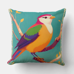 🐦 Colourful Songbird Blossom Branch Home Decor Cushion